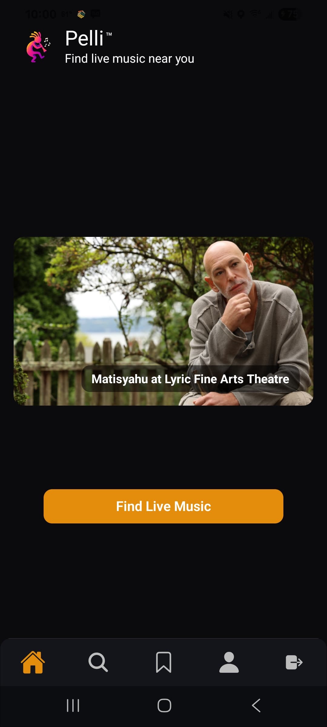 Pelli app home screen with featured live music events